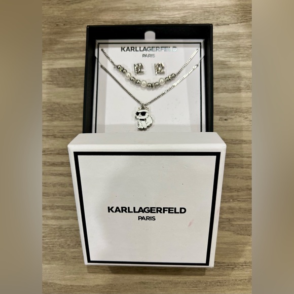 NIB! Karl Lagerfeld Silver Necklace Set & Earrings Set - Picture 3 of 3